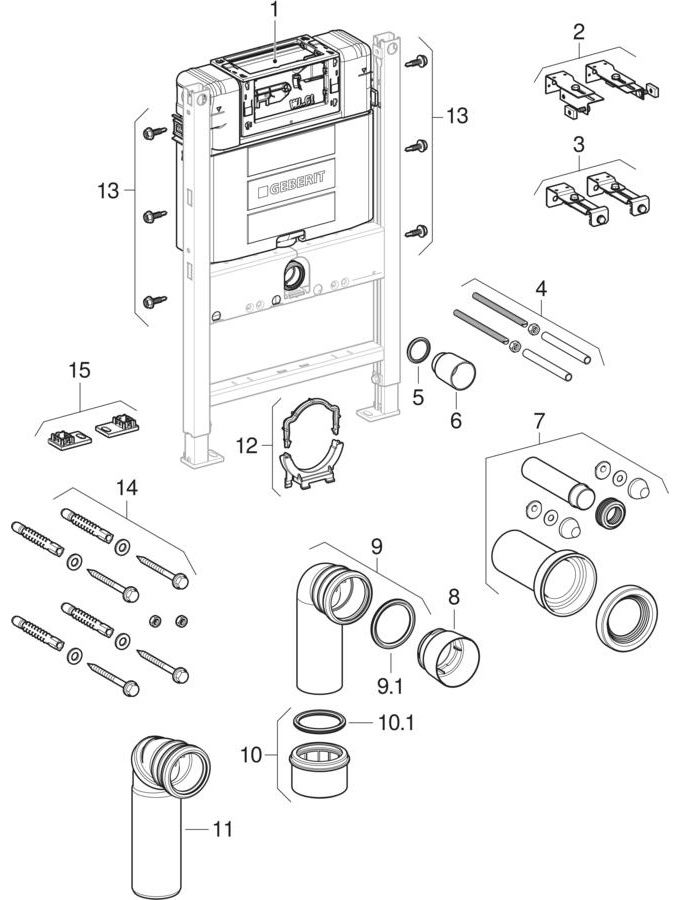 Geberit Duofix elements for wall-hung WC, with Alpha concealed cistern 12 cm