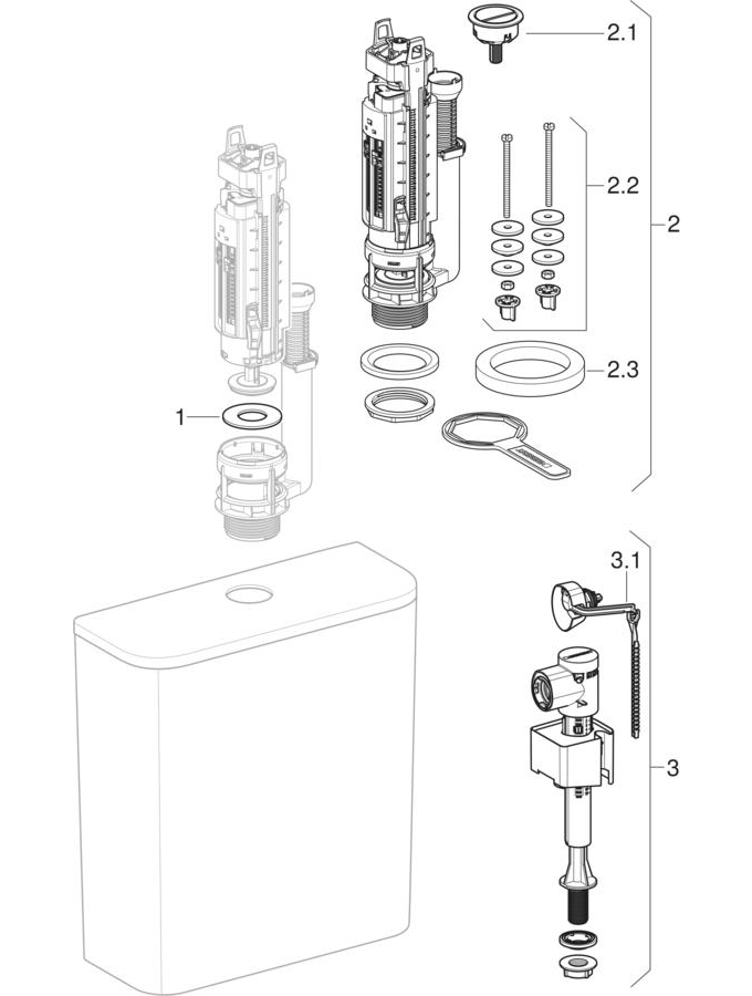 Exposed cisterns, close-coupled, dual flush, bottom water supply connection (Geberit iCon, iCon Square, Smyle, Smyle Square)