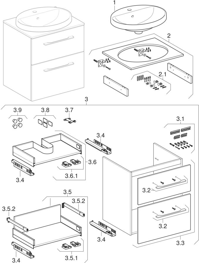 Sets of countertop washbasin with cabinet and washtop, two drawers (Geberit Selnova Square)