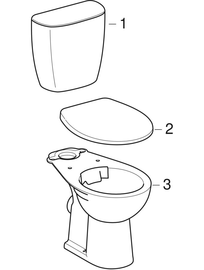 Zestawy stojących misek WC, lejowych, ze spłuczką nasadzaną, z deską sedesową (Geberit Bastia, Koło Rekord)