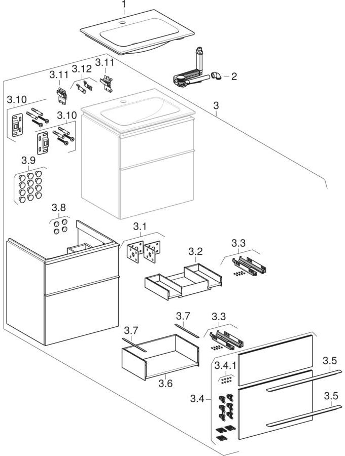 Sets meubelwastafel slim design, met onderkast, twee vulladen en wastafelaansluiting (Geberit iCon)