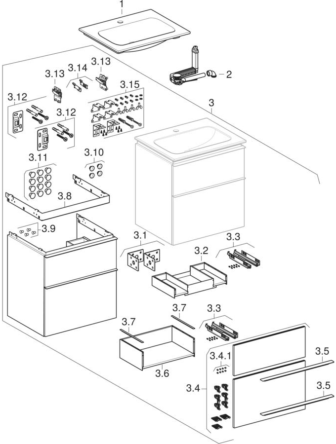 Sets de lavabo pour meuble, bandeau fin, avec meuble bas, deux tiroirs et raccordement de lavabo (Geberit iCon)