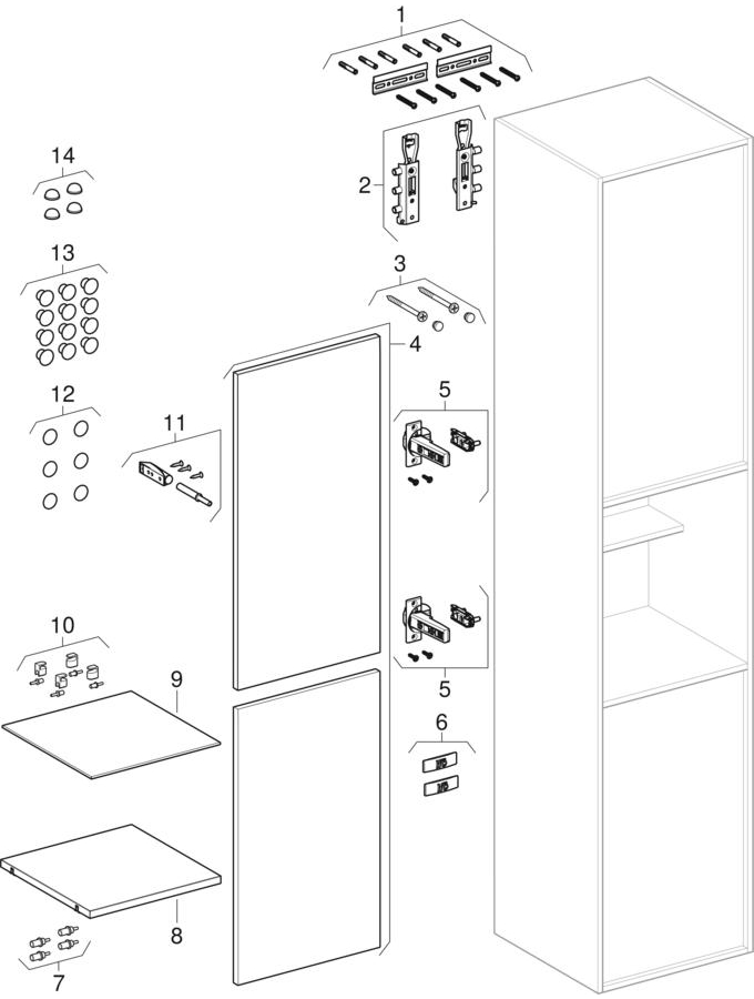Korkeat kaapit kahdella ovella ja avohyllyllä (Ifö/IDO Sense Art)