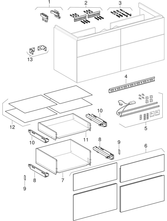 Muebles bajos para lavabo, con cuatro cajones (Geberit Xeno², 420)