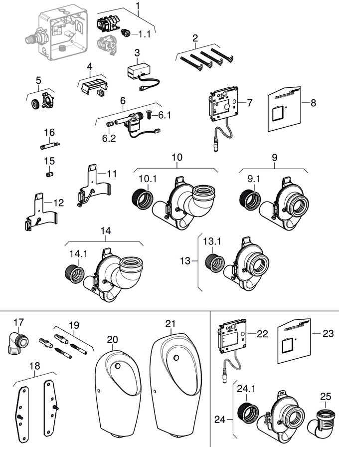 Urinal flush controls with electronic flush actuation, mains operation, hidden