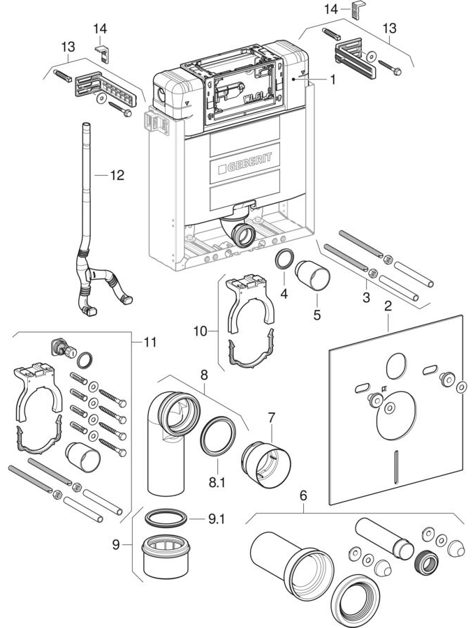 Elementy montażowe Geberit Kombifix do wiszących misek WC, ze spłuczką podtynkową Omega 12 cm