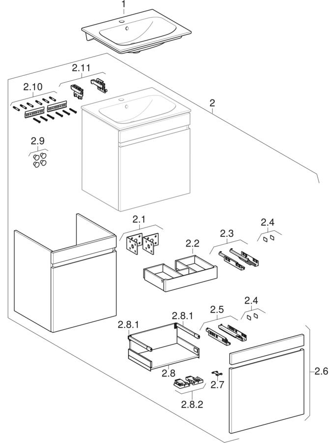 Set de lavabo pour meuble, bord fin, avec sous-meuble, un tiroir et un tiroir intérieur (à partir de l’année de fabrication 2021) (Geberit Renova Plan)
