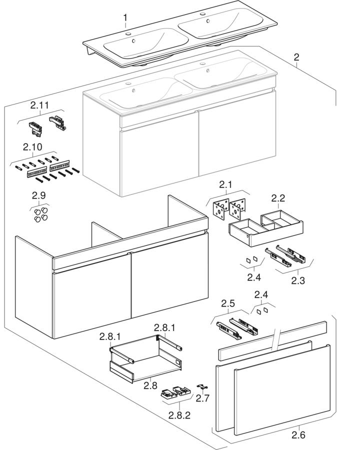 Set Doppelmöbelwaschtisch schmaler Rand, mit Waschtischunterschrank, zwei Schubladen und zwei Innenschubladen (ab Baujahr 2021) (Geberit Renova Plan)