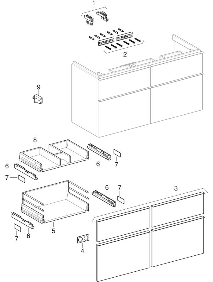 Muebles bajos para lavabo de dos senos, con cuatro cajones (Geberit iCon, Lovely, 345)