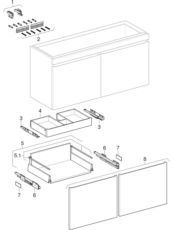 Baze za dvostruke umivaonike, s dvije unutarnje ladice (Geberit Renova Nr. 1 Plan, Renova Plan, Prima Style, 320)