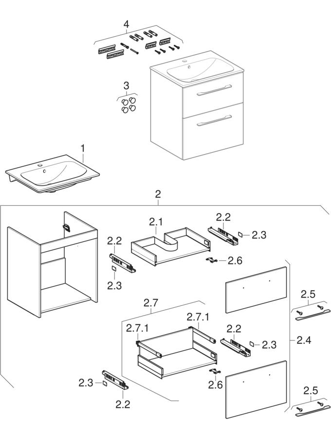 Set med möbeltvättställ smal kant, med tvättställsunderskåp, två lådor (Ifö Spira Pro)