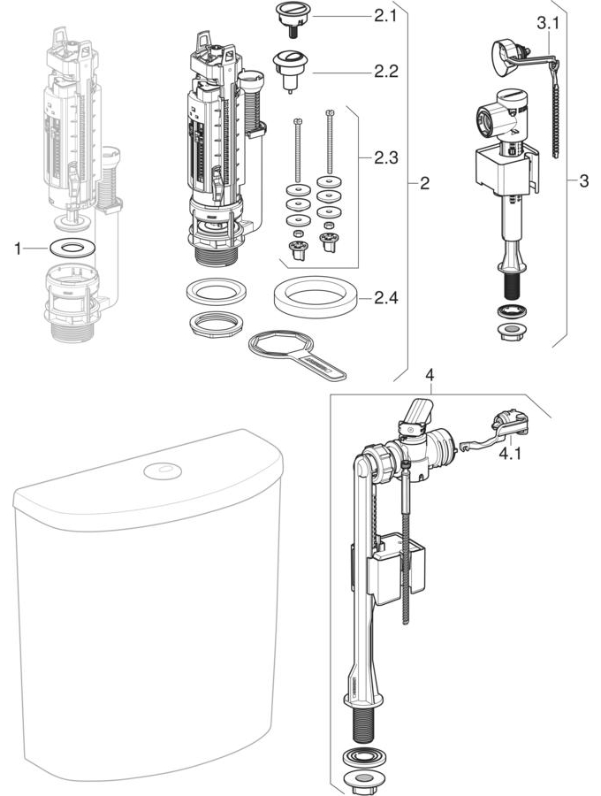 Exposed cisterns, close-coupled, dual flush, bottom water supply connection (Geberit Abalona, Selnova)