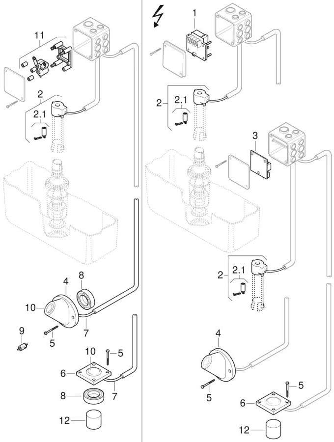 Floor-mounted actuator for electronic flush actuations, mains operation (before 2003)