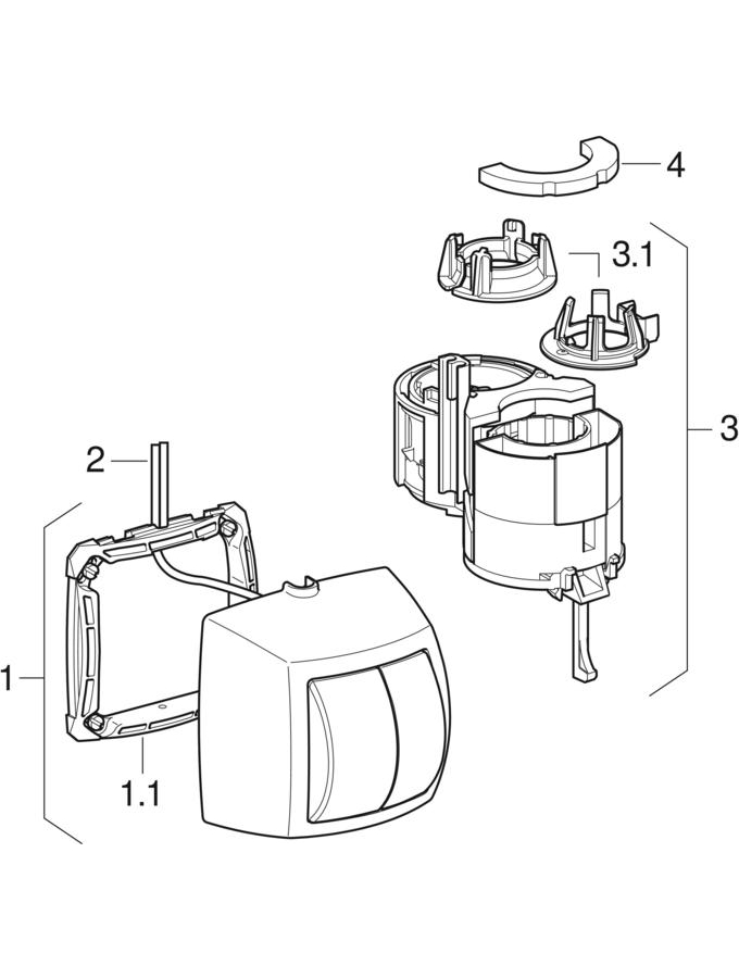 Sisteme de comandă a spălării pentru WC cu acţionare spălare pneumatică, spălare cu două volume de apă, acționare aparentă