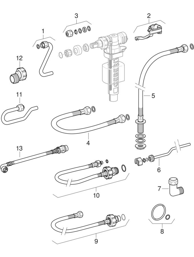 Fill valves type 380, lateral water supply connection