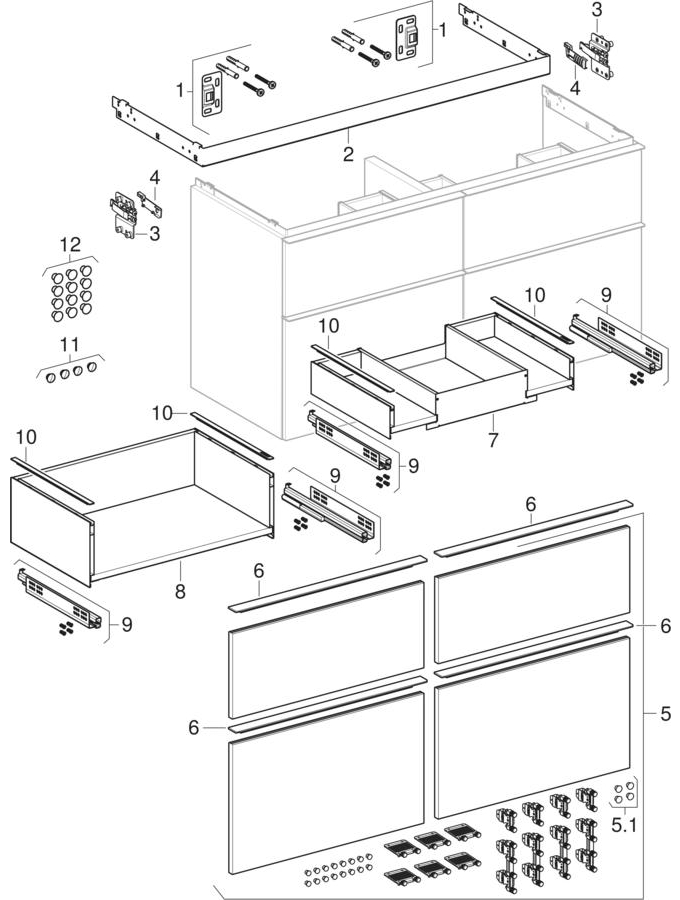 Underskåp för dubbeltvättställ, med fyra lådor (Geberit iCon)