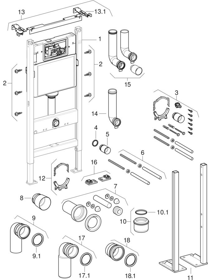 Estruturas para sanita suspensa Geberit DuofixBasic, com autoclismo de interior Delta 12 cm (UP100)