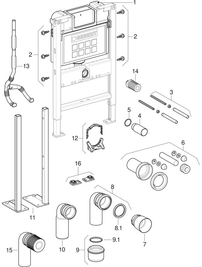 Elementy montażowe do wiszących misek WC Geberit Duofix, ze spłuczką podtynkową Kappa 15 cm (UP200)