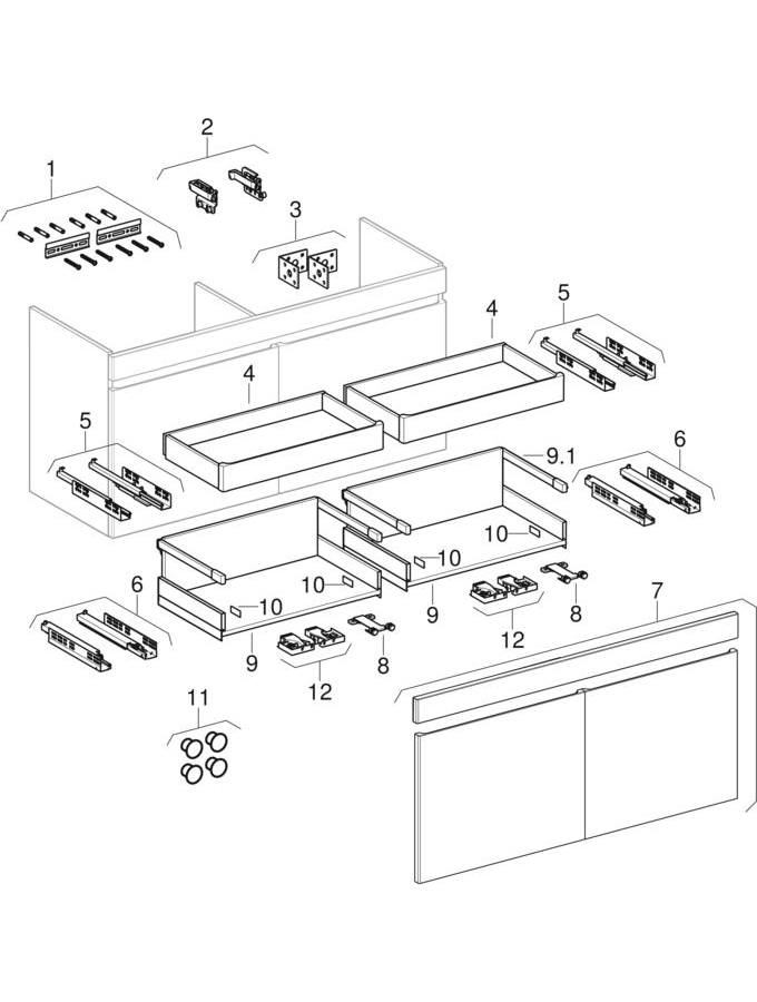 Onderkasten voor dubbele wastafel, met vulladen en binnenschuifladen (vanaf bouwjaar 2021) (Geberit Renova Plan)