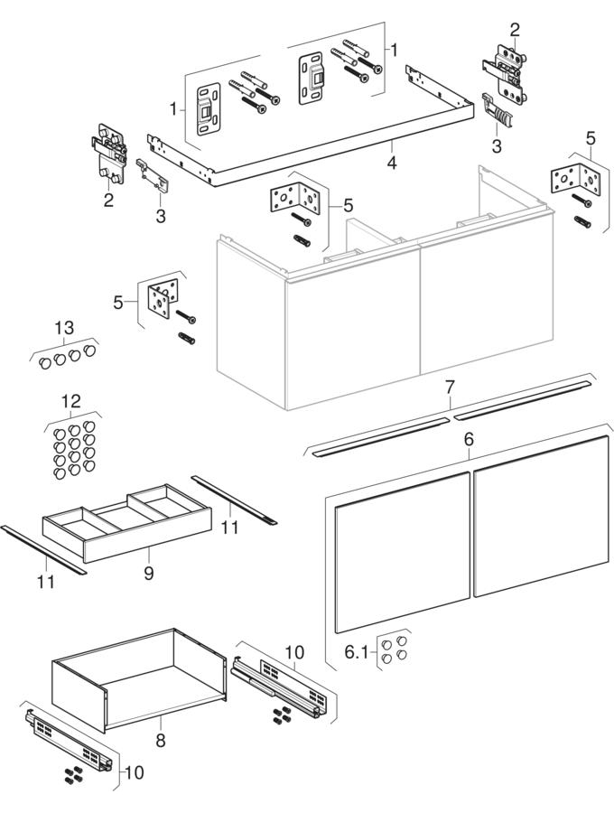 Spodní skříňky pro dvojité umyvadlo, s dvěma zásuvkami a dvěma vnitřními zásuvkami (Geberit Acanto)