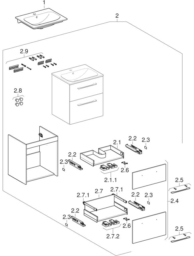 Sets of vanity basin, slim rim, with cabinet, two drawers (Geberit Nova Pro, Selnova Square)