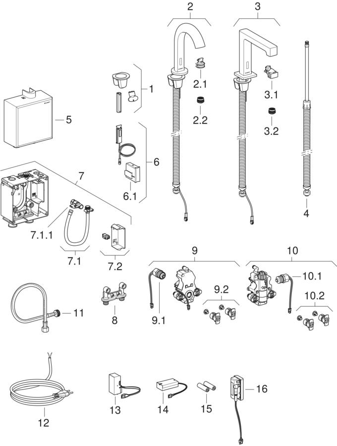 Robinetteries de lavabo Piave et Brenta, montage monobloc, avec boîtier apparent pour commande