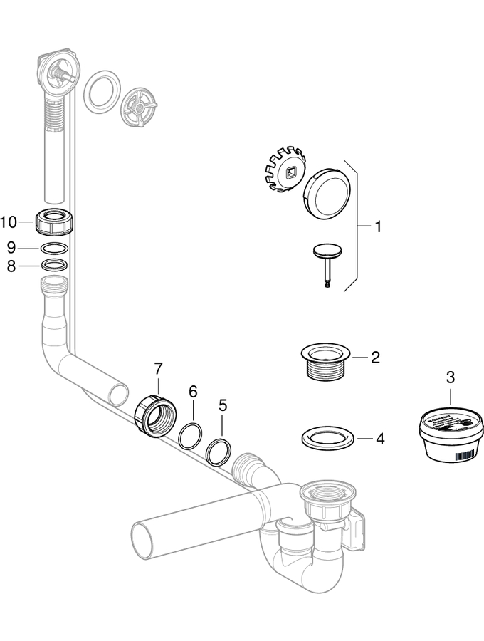 Sifoni per vasca da bagno con azionamento a rotazione, d65, lunghezza 51 cm, principio dei vasi comunicanti