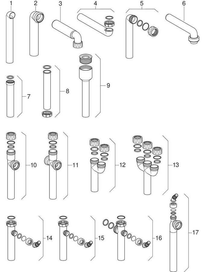 Priključna koljena i ravni priključci za umivaonike, korita s funkcijom ispiranja, sudopere, bidee i pisoare