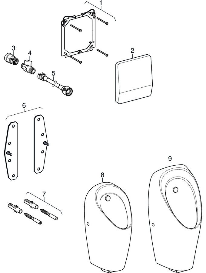 Renovation sets for urinal flush control, cover plate or actuator plate 18 x 21 cm