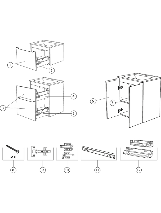 Underskabe til håndvask til montering på underskab, med en eller to skuffer og med to låger (Ifö/IDO Gloss, Silia)