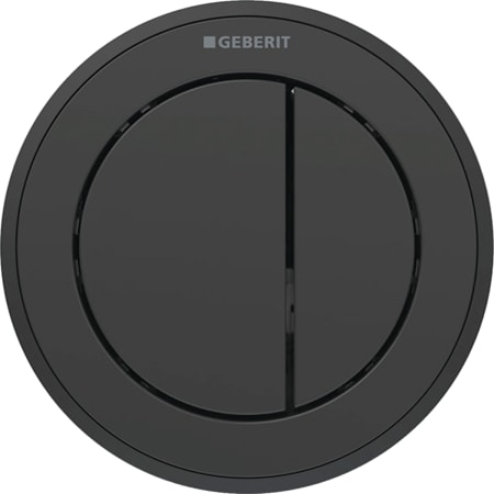 Geberit Type 10 remote flush actuation, round, pneumatic, dual flush, furniture actuator: Button, Collar: black / glossy, Design ring/-s: black matt
