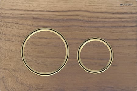 Geberit Sigma50 flush plate, round, dual flush, metal colour brass-coloured: Base plate: brass-coloured / brushed, easy-to-clean coated, Cover plate, Button: black walnut, Design ring/-s: brass-coloured