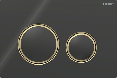 Geberit Sigma50 flush plate, round, dual flush, metal colour brass-coloured: Base plate: brass-coloured / brushed, easy-to-clean coated, Cover plate, Button: black / glossy glass, Design ring/-s: brass-coloured