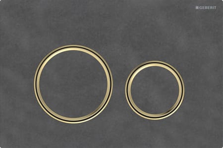 Geberit Sigma50 flush plate, round, dual flush, metal colour brass-coloured: Base plate: brass-coloured / brushed, easy-to-clean coated, Cover plate, Button: Mustang slate, Design ring/-s: brass-coloured