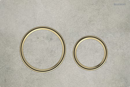 Geberit Sigma50 flush plate, round, dual flush, metal colour brass-coloured: Base plate: brass-coloured / brushed, easy-to-clean coated, Cover plate, Button: concrete look, Design ring/-s: brass-coloured