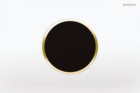 Geberit electronic WC flush control, mains operation, for Sigma concealed cistern 12 cm, with Sigma10 flush plate, round, automatic / touchless: Plate: white alpine / glossy, Design ring/-s: gold-coloured / glossy