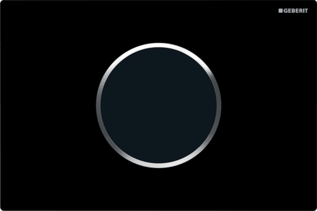 Geberit electronic WC flush control, mains operation, for Sigma concealed cistern 12 cm, with Sigma10 flush plate, round, automatic / touchless: Plate: black / glossy, Design ring/-s: chrome / glossy