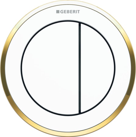 Geberit Type 10 remote flush actuation, round, pneumatic, dual flush, furniture actuator: Button, Collar: white alpine / glossy, Design ring/-s: gold-coloured / glossy