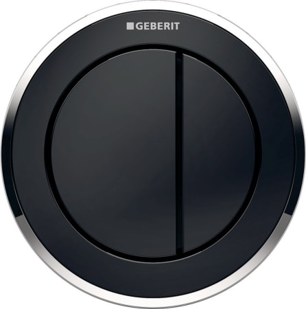 Geberit Type 10 remote flush actuation, round, pneumatic, dual flush, furniture actuator: Button, Collar: black / glossy, Design ring/-s: chrome / glossy