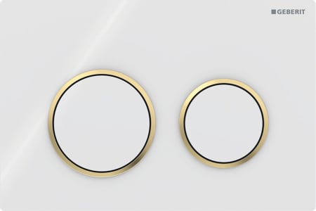 Geberit Omega20 flush plate, round, dual flush: Plate, Button: white / glossy, Design ring/-s: gold-coloured / glossy