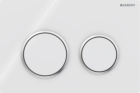 Geberit Omega20 flush plate, round, dual flush: Plate, Button: white / glossy, Design ring/-s: chrome / glossy