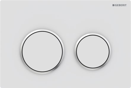 Geberit Omega20 flush plate, round, dual flush: Plate, Button: white matt / easy-to-clean coated, Design ring/-s: chrome / glossy