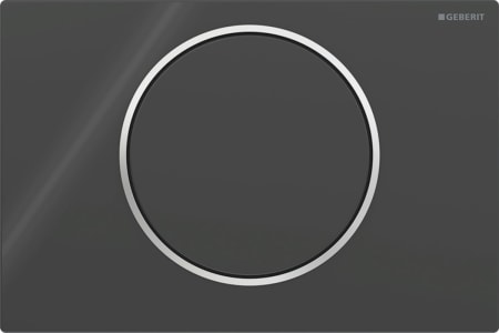 Geberit Sigma10 flush plate, round, stop-and-go flush: Plate, Button: black / glossy, Design ring/-s: chrome / glossy