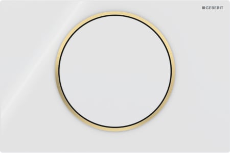 Geberit Sigma10 flush plate, round, stop-and-go flush: Plate, Button: white / glossy, Design ring/-s: gold-coloured / glossy