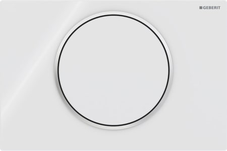 Geberit Sigma10 flush plate, round, stop-and-go flush: Plate, Button: white / glossy, Design ring/-s: chrome / glossy