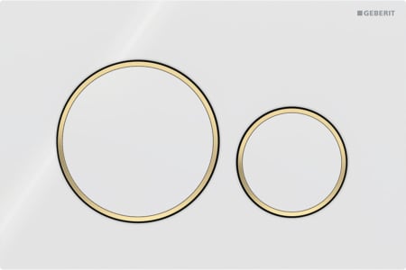 Geberit Sigma20 flush plate, round, dual flush: Plate, Button: white / glossy, Design ring/-s: gold-coloured / glossy