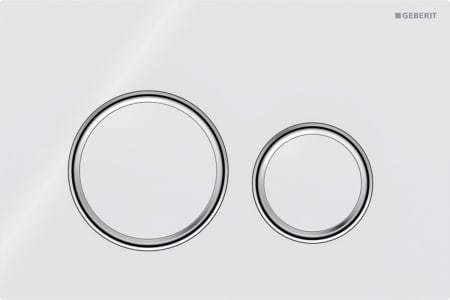 Geberit Sigma50 flush plate, round, dual flush, metal colour chrome-plated: Base plate, Design ring/-s: chrome / glossy, Cover plate, Button: white / glossy glass