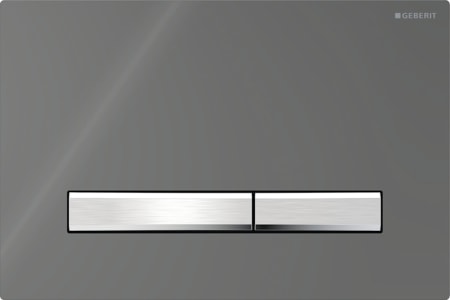 Geberit Sigma50 flush plate, square, dual flush, metal colour chrome-plated: Base plate: chrome / glossy, Cover plate: reflective smoked glass, Button: chrome / brushed, easy-to-clean coated