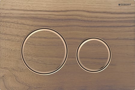 Geberit Sigma50 flush plate, round, dual flush, metal colour red gold: Base plate: red gold / brushed, easy-to-clean coated, Cover plate, Button: black walnut, Design ring/-s: red gold