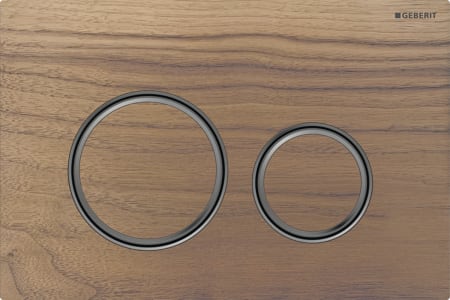 Geberit Sigma50 flush plate, round, dual flush, metal colour black chrome: Base plate: black chrome / brushed, easy-to-clean coated, Cover plate, Button: black walnut, Design ring/-s: black chrome